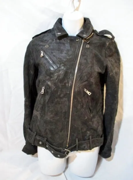 New BALMAIN PARIS SUEDE Moto Riding jacket coat 36 BLACK NWT Rocker Womens Flight Bomber