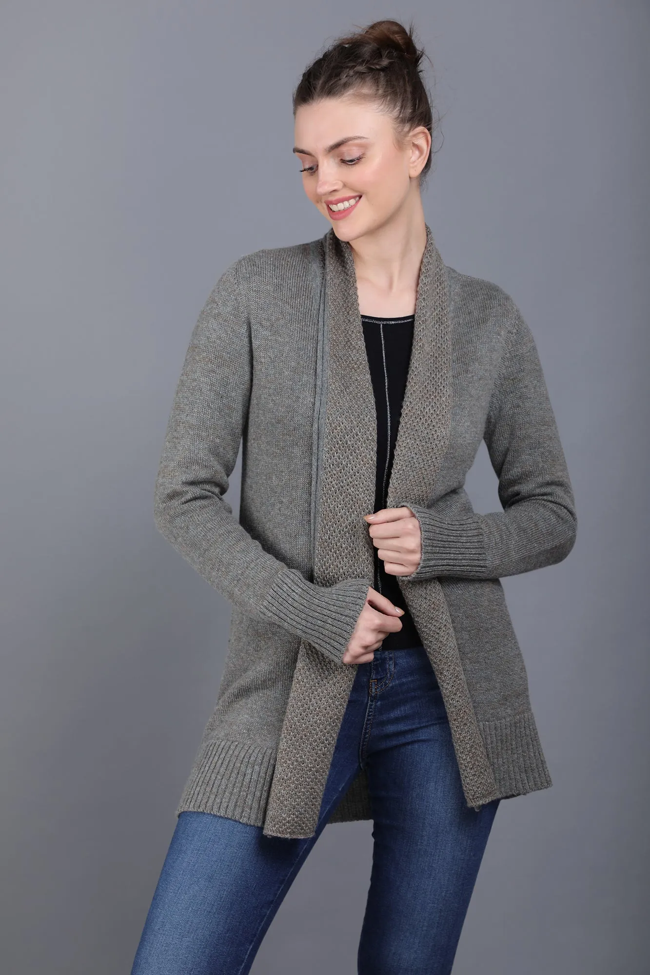 Open Front Grey Melange Cashmere Cardigan