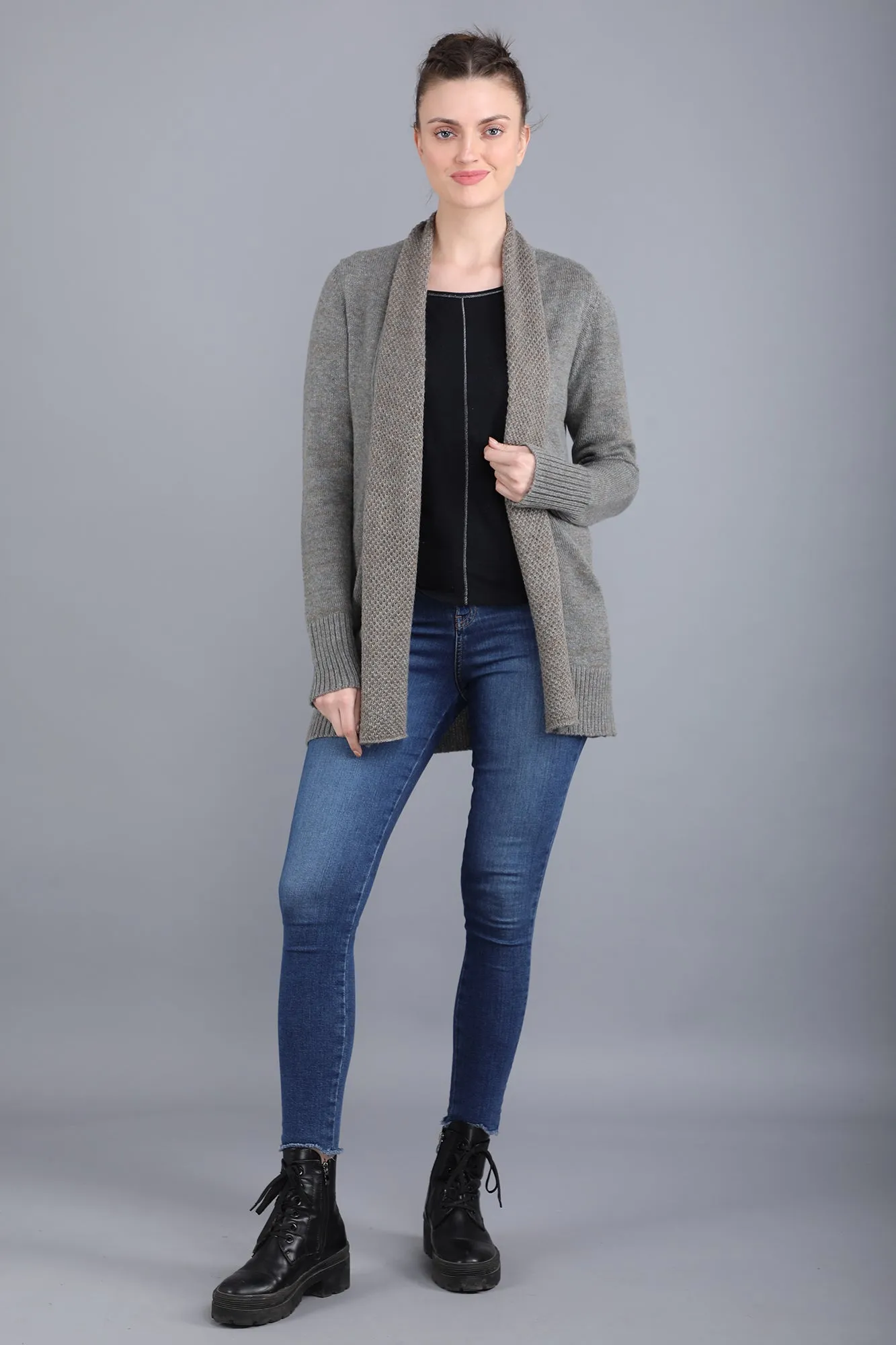 Open Front Grey Melange Cashmere Cardigan