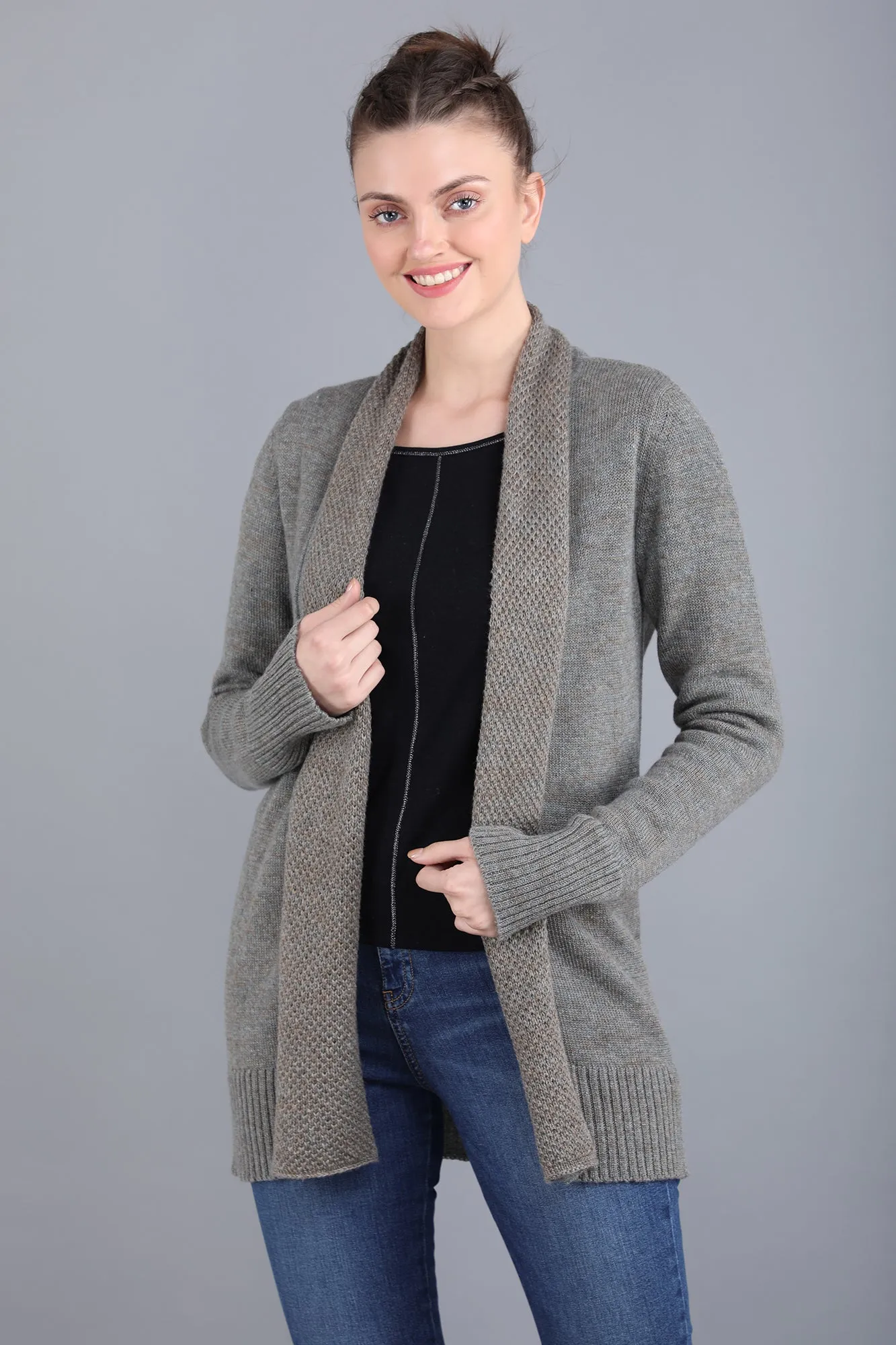 Open Front Grey Melange Cashmere Cardigan