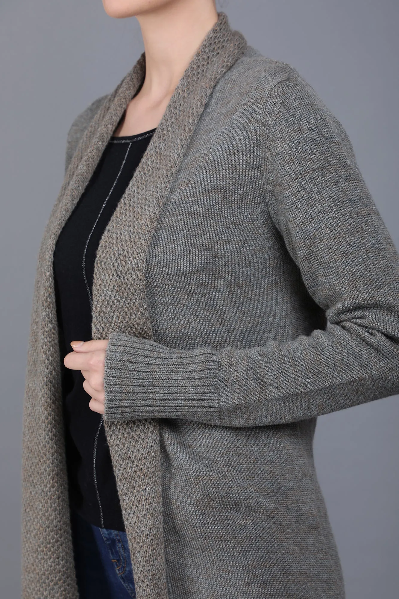 Open Front Grey Melange Cashmere Cardigan