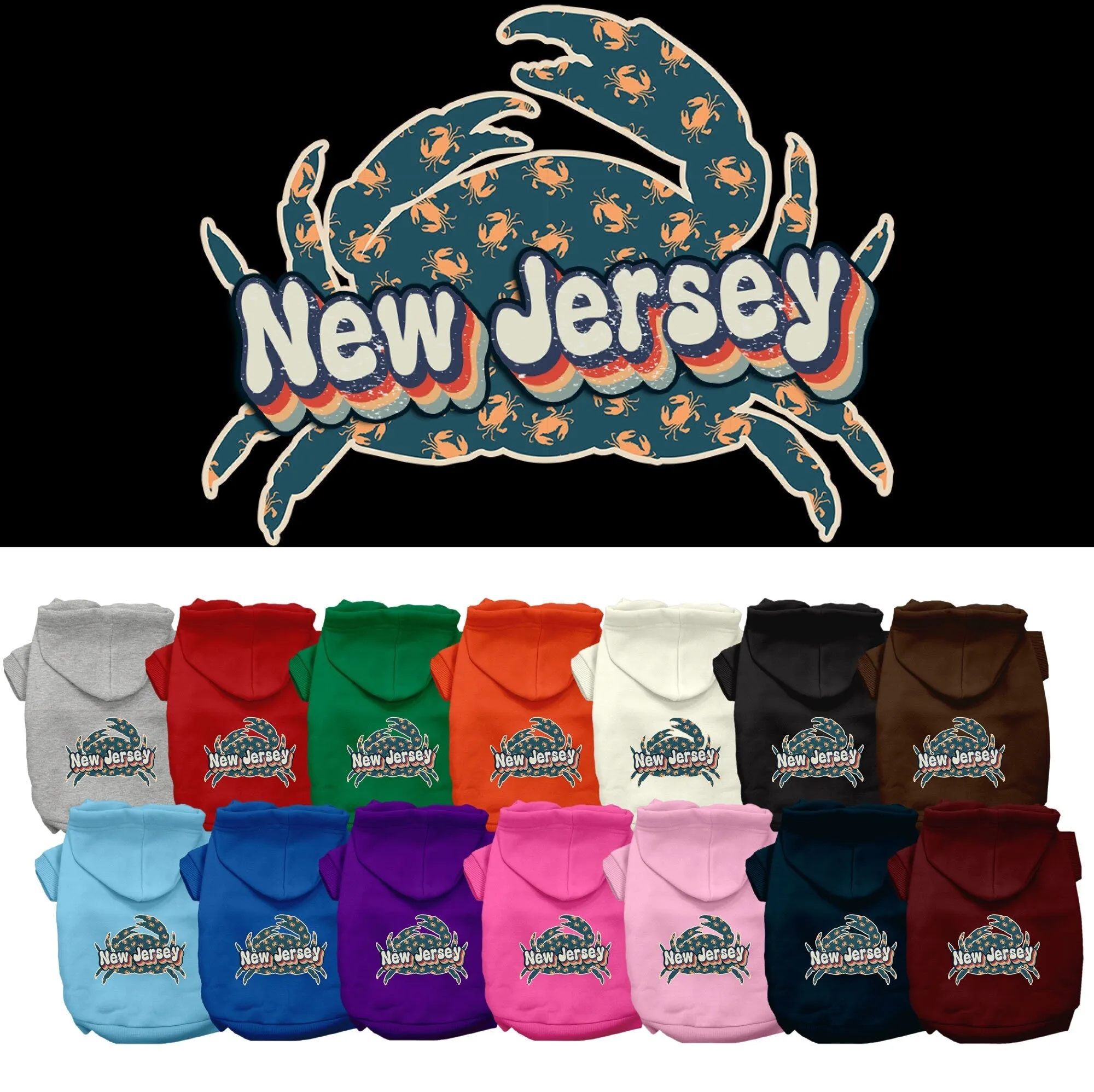 Pet Dog & Cat Screen Printed Hoodie for Medium to Large Pets (Sizes 2XL-6XL), "New Jersey Retro Crabs"