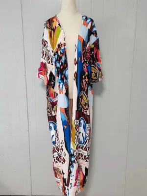 Printed White Color Polyester Long Length Gown Kimono Duster Robe