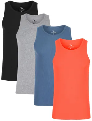 Victory 4 Pack Cotton Ribbed Sleeveless Vest Tops in Hot Coral / Light Grey Marl / Jet Black / Blue Horizon - South Shore