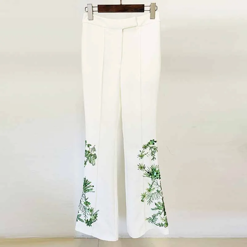 Women Beaded Formal Suit Mid Length Blouse   Flare Trousers Suit Pants Suit White