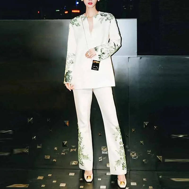 Women Beaded Formal Suit Mid Length Blouse   Flare Trousers Suit Pants Suit White