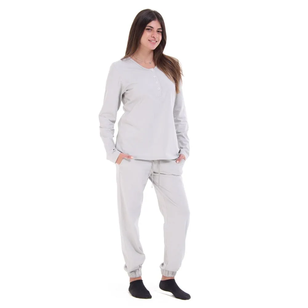 Women Fall Pajama Set Light Grey buttoned sweatshirt   pants