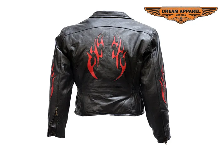 Women's Heavy Duty Leather Motorcycle Jacket With Flames